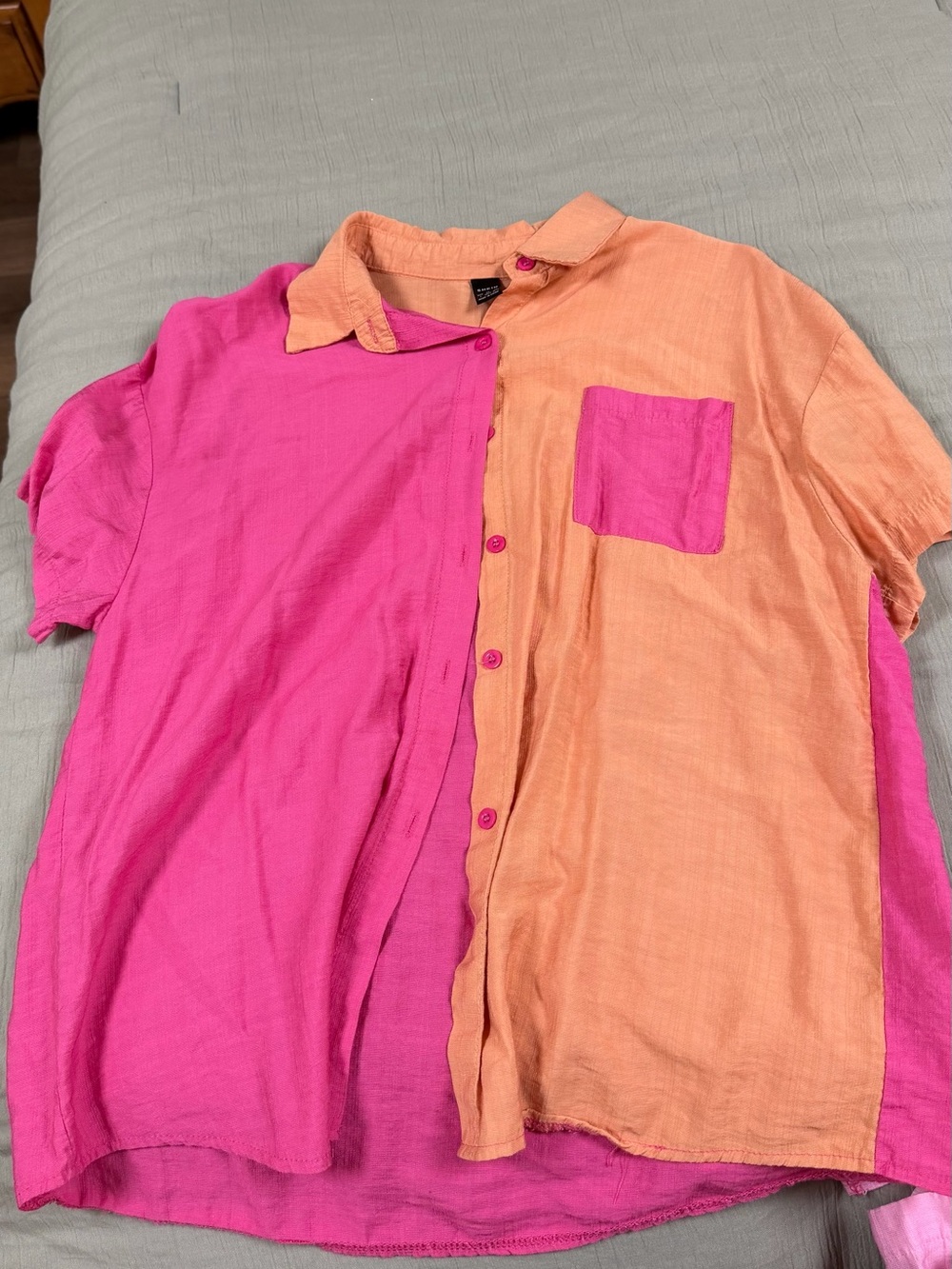 Two-Tone Pink and Peach Button-Up Shirt